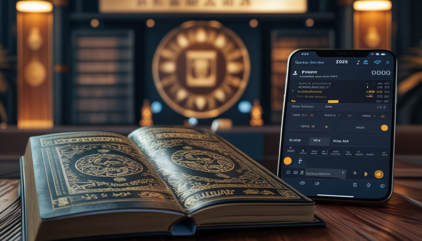 Sebuah meja dengan buku primbon terbuka dan ponsel menampilkan platform sabung ayam online, dengan latar belakang ruangan dengan dekorasi tradisional dan teknologi modern.