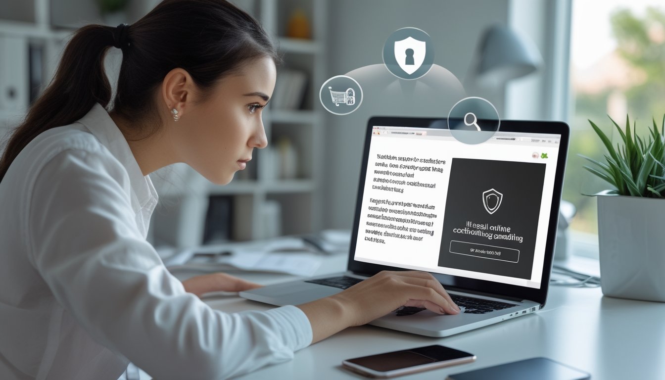 Seseorang yang sedang menggunakan laptop di ruang kerja rumah yang rapi, terlihat fokus memeriksa situs web untuk menghindari link phishing dan penipuan judi sabung ayam online.