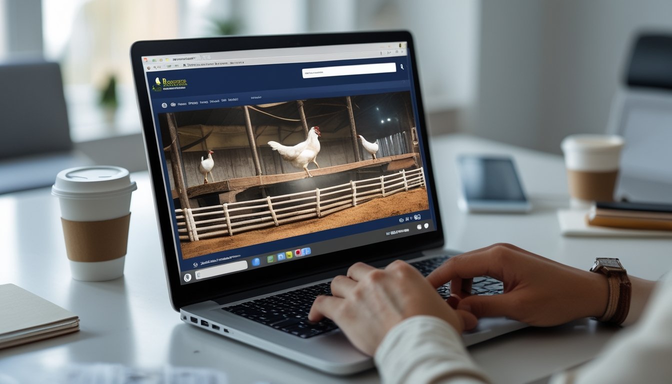 Seseorang menonton siaran langsung sabung ayam secara online di depan komputer dengan tampilan video yang jelas dan tajam.