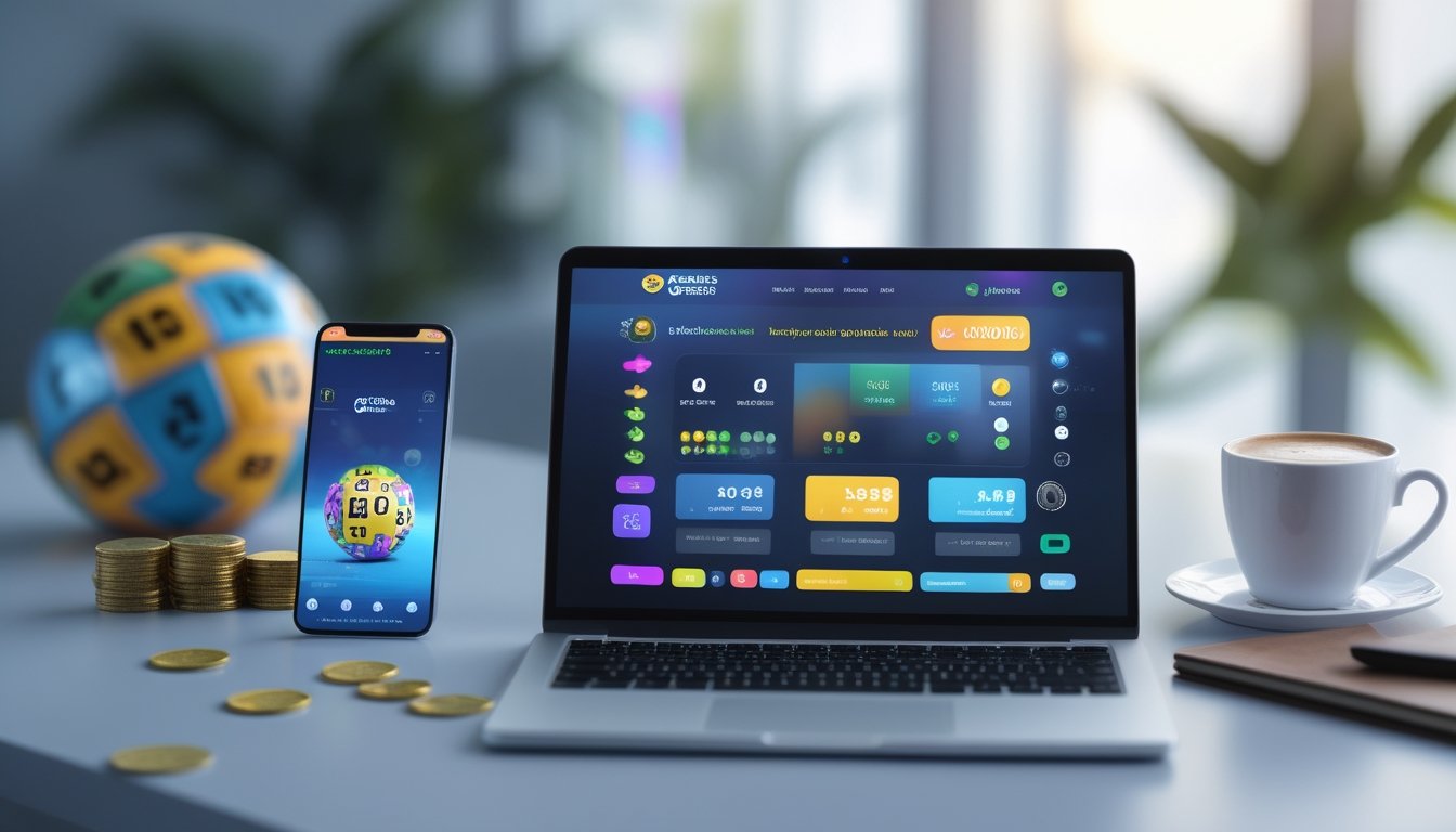 Meja kerja modern dengan laptop dan ponsel yang menampilkan aplikasi togel online, dikelilingi bola togel dan koin sebagai simbol hadiah.