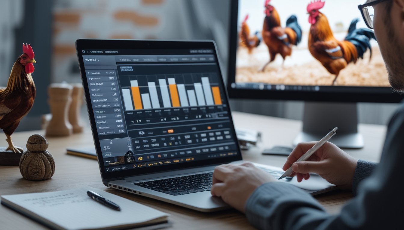 Seorang pria sedang menghitung peluang taruhan sabung ayam online menggunakan laptop dan kalkulator di meja kerja.
