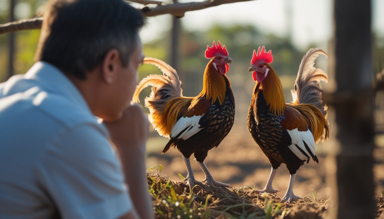 Seorang pria mengamati dua ayam Bangkok yang sedang melakukan pemanasan sebelum bertarung di luar ruangan.