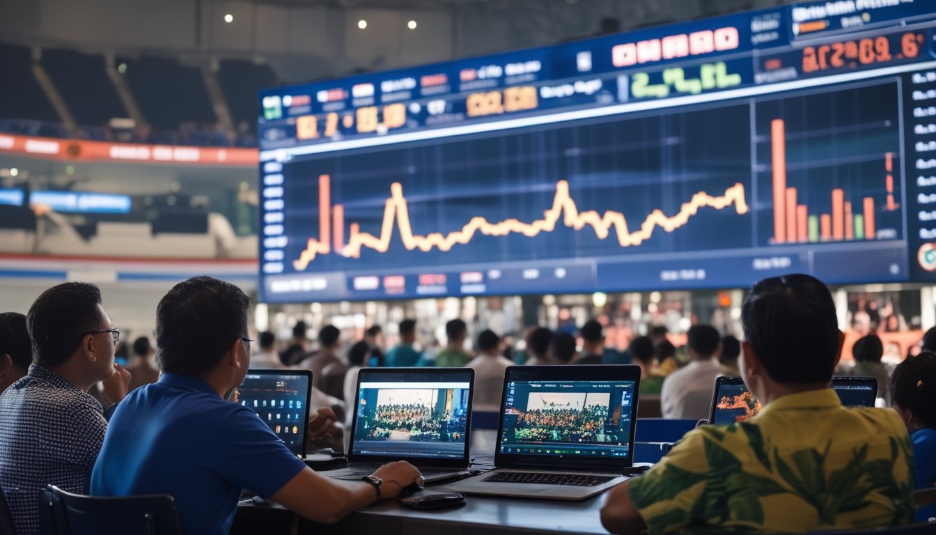 Orang-orang Filipina menonton pertandingan sabung ayam secara online dengan papan skor digital di latar belakang.