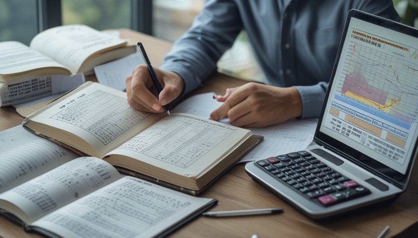 Seseorang sedang menganalisis buku dan grafik statistik di meja kerja dengan laptop dan kalkulator.