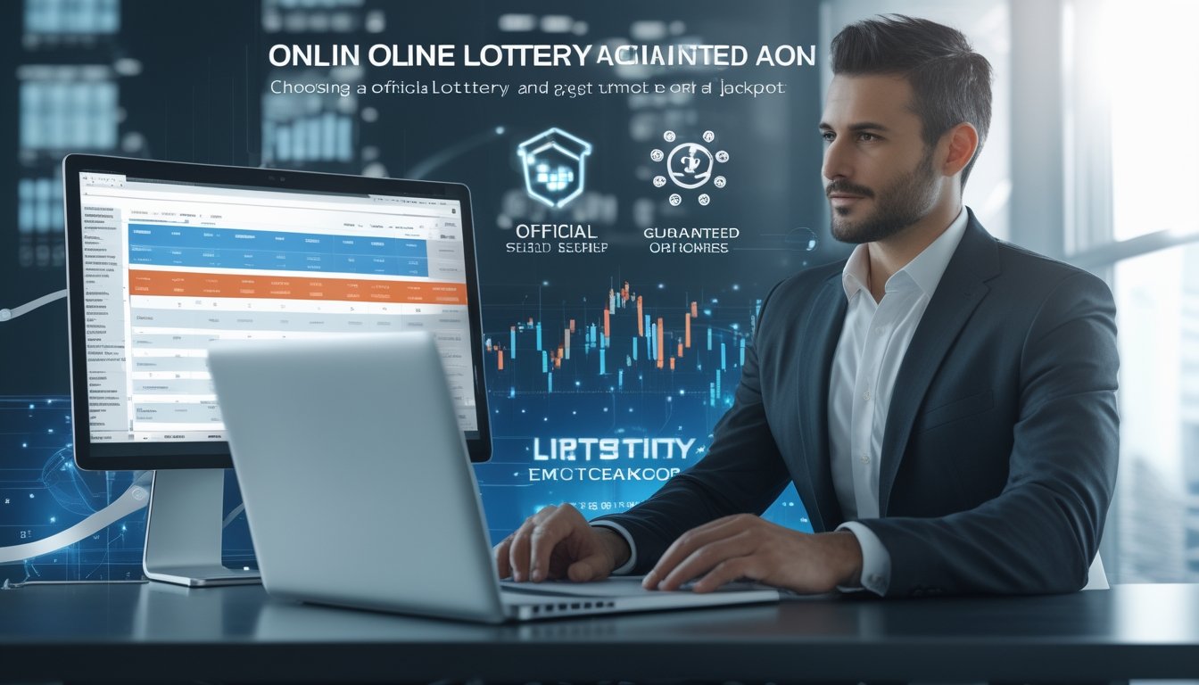 Seorang pria percaya diri duduk di meja kantor modern menggunakan laptop dengan beberapa layar yang menampilkan grafik dan angka terkait togel online.