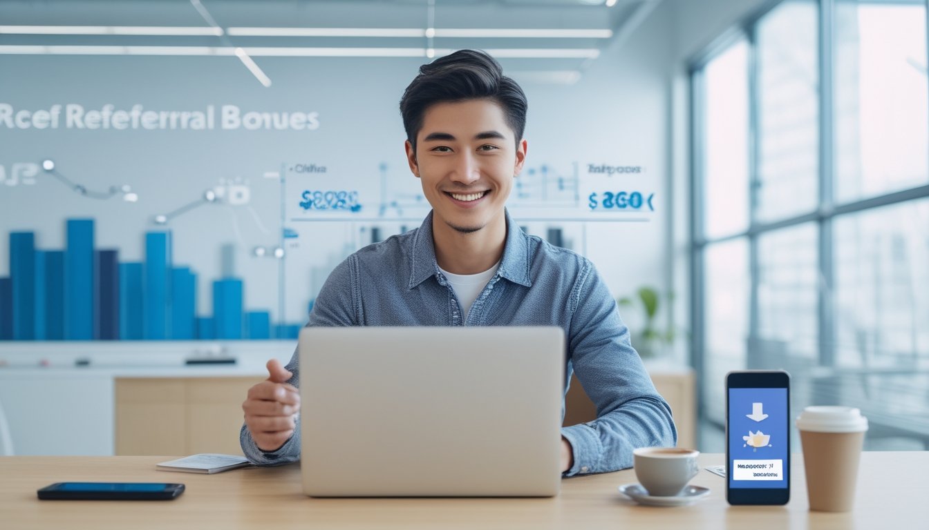 Seorang pria muda duduk di meja kantor modern menggunakan laptop dengan grafik dan smartphone di meja, menunjukkan suasana kerja dan penghasilan tambahan dari bonus referral online.