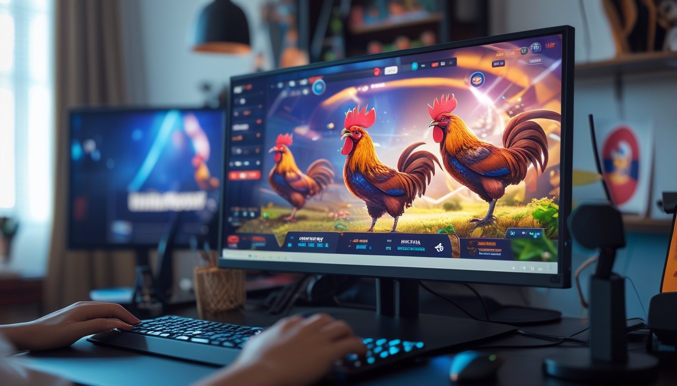 Seseorang menggunakan komputer dengan layar menampilkan permainan sabung ayam online yang sedang berlangsung.