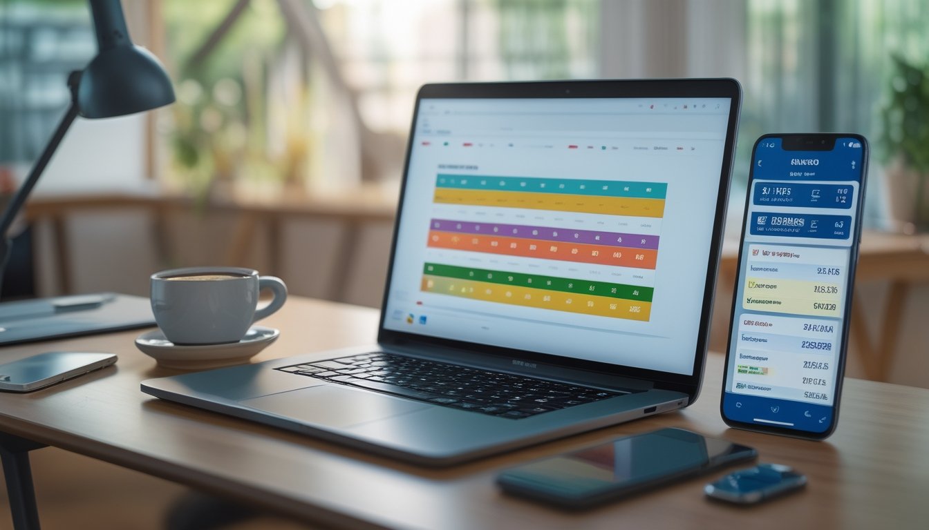 Meja kerja modern dengan laptop dan ponsel yang menampilkan hasil undian secara langsung, dengan cangkir kopi di sekitarnya.