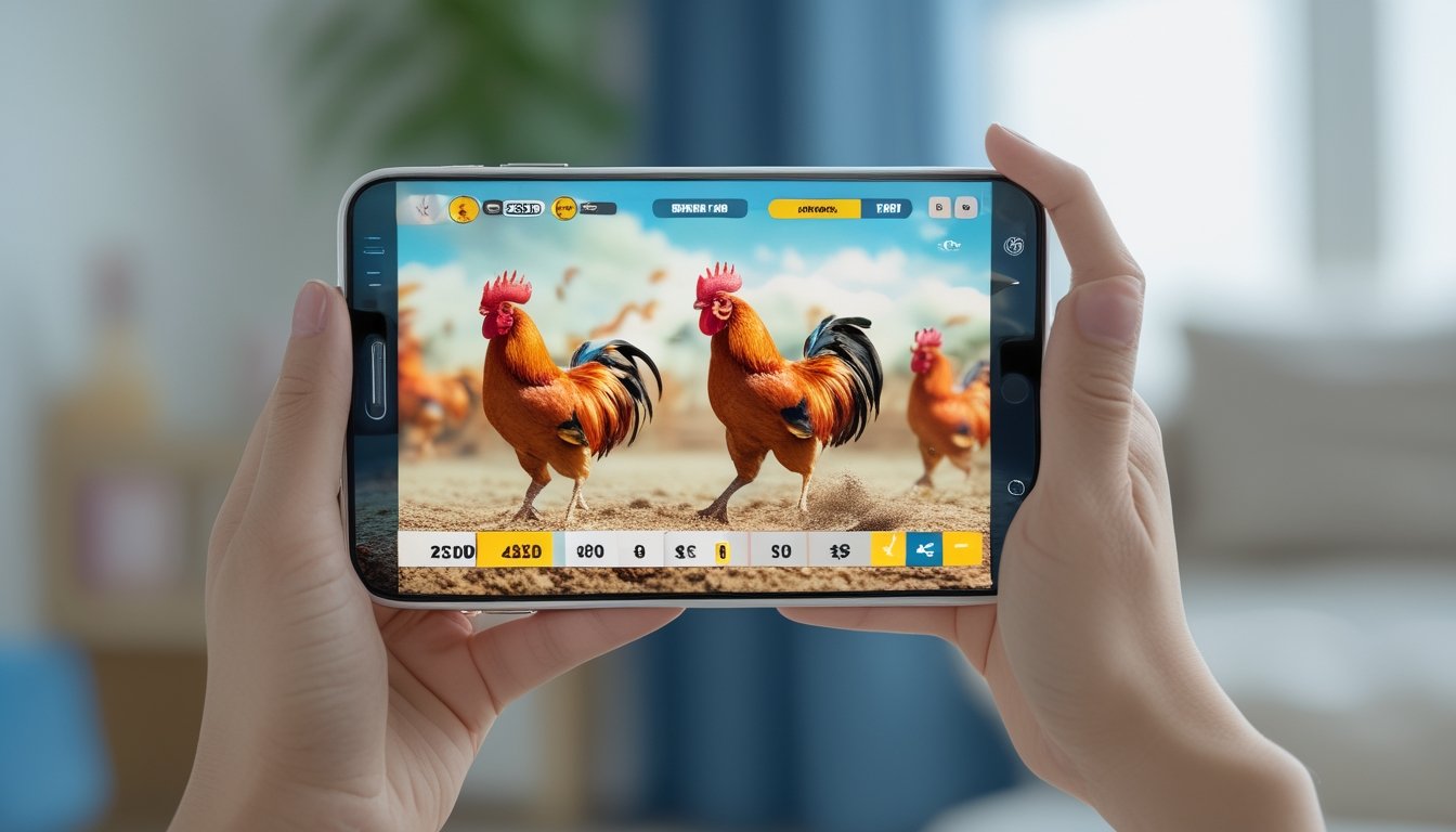 Seseorang memegang ponsel Android yang menampilkan aplikasi sabung ayam online dengan latar belakang ruang kerja yang nyaman.