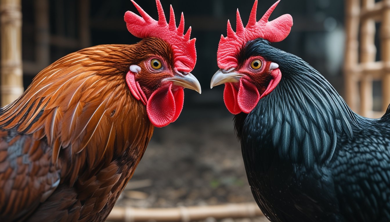 Dua ayam jago saling berhadapan dengan latar belakang alami, menunjukkan ciri fisik yang kuat dan siap bertarung.