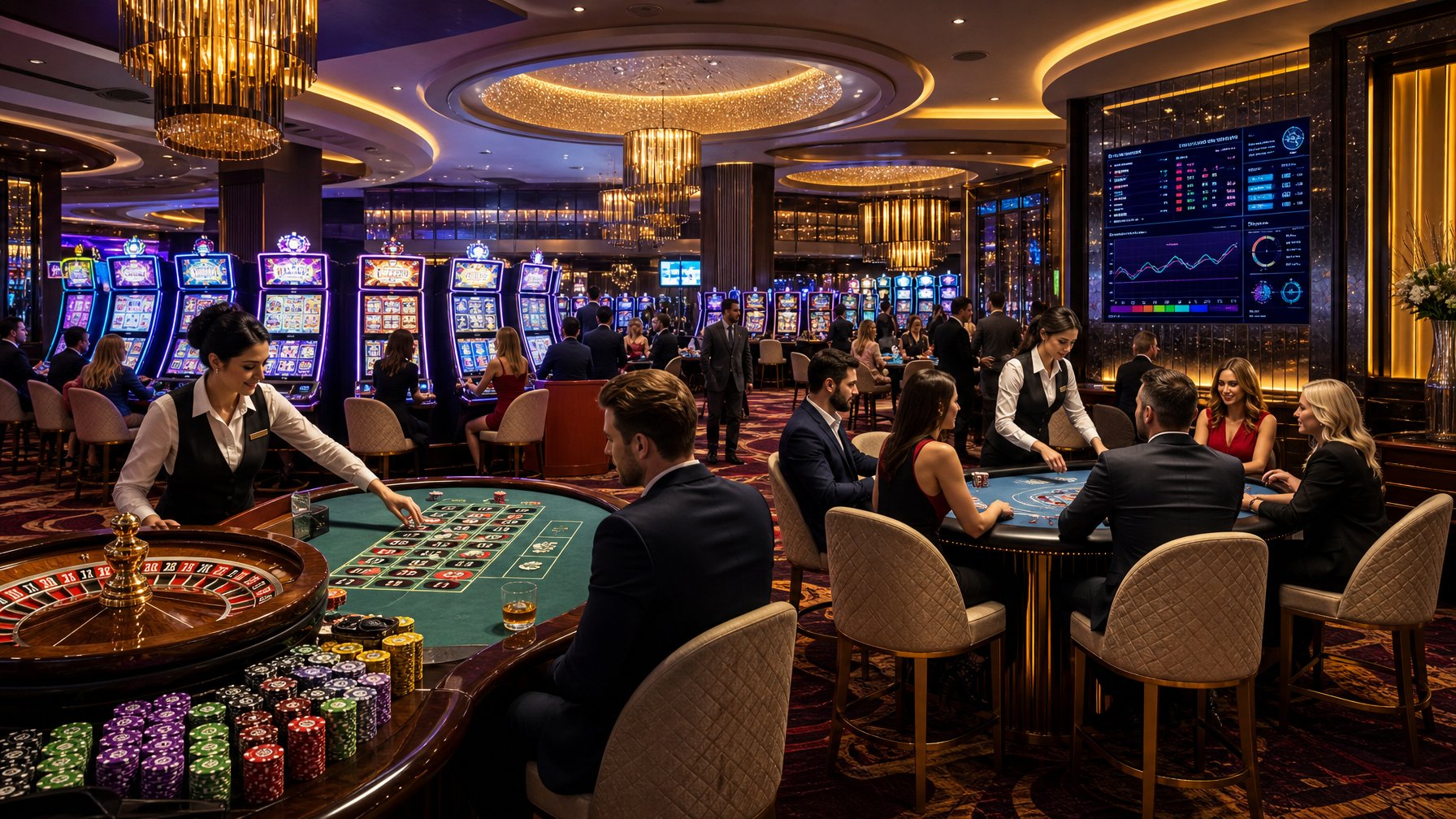 A Lively Casino Interior With Slot Machines, A Roulette Table, And People Playing Poker.