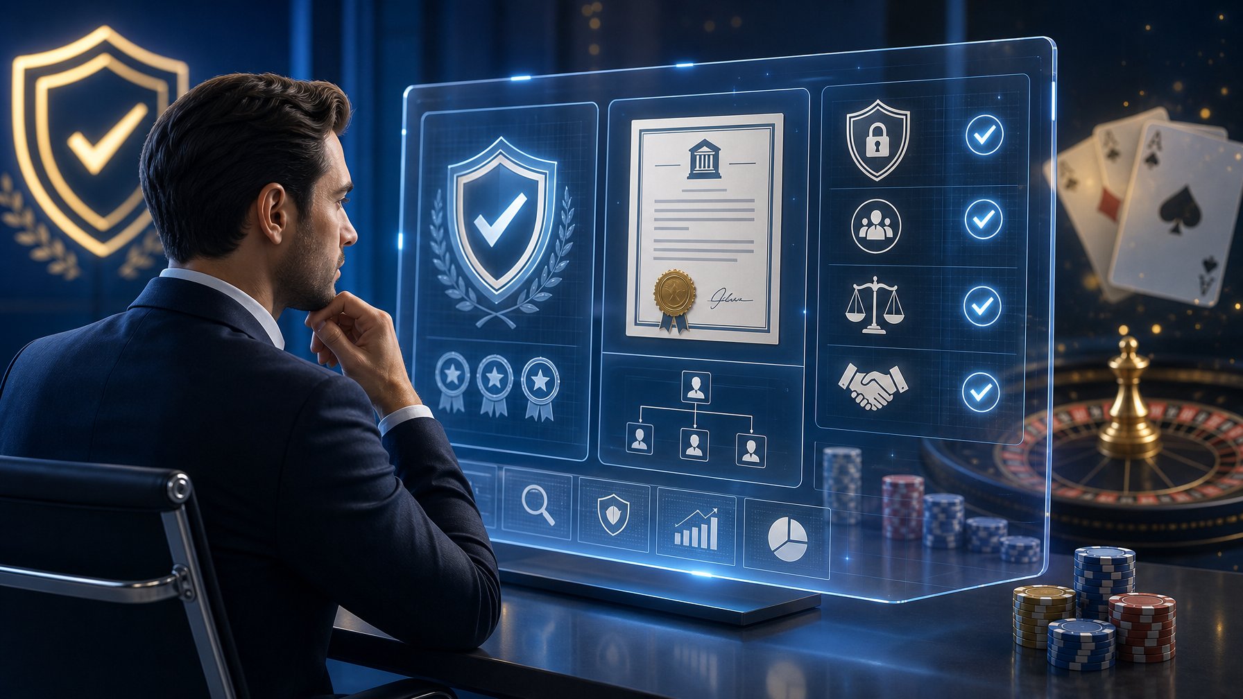 A Business Professional Reviewing Secure Licensing And Trust Indicators On A Transparent Digital Screen With Casino Elements In The Background.