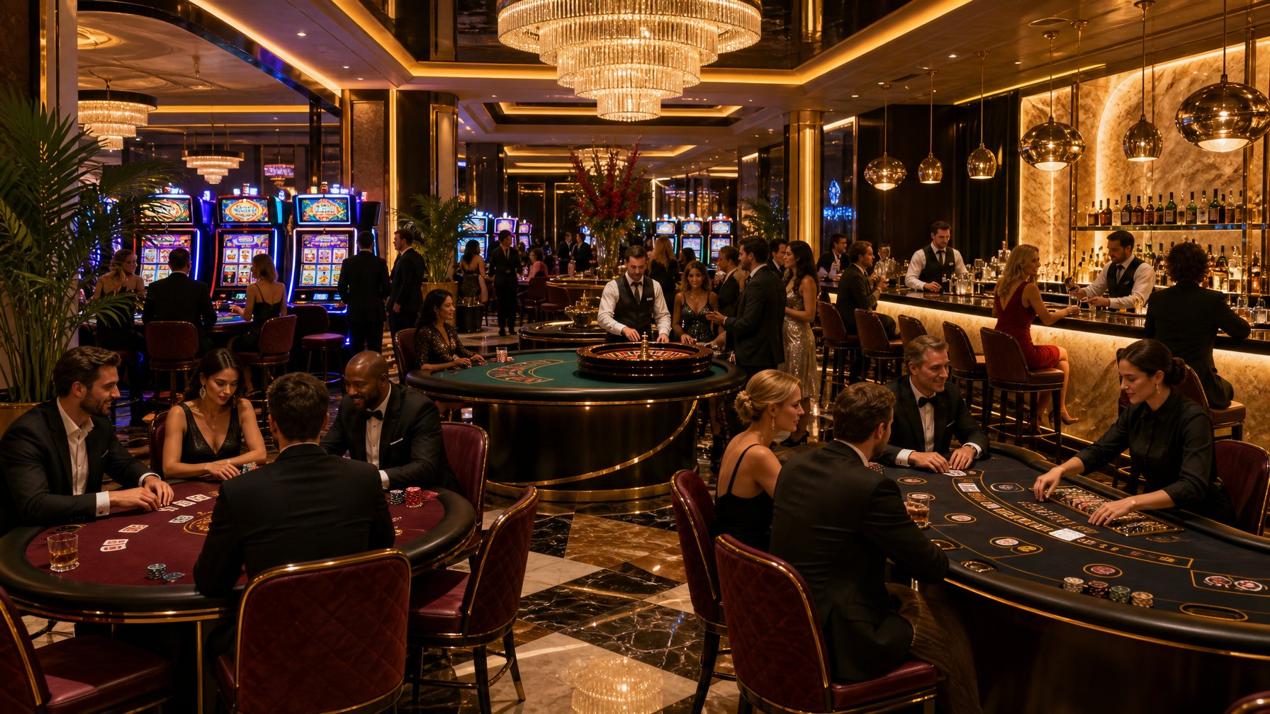 An Elegant Casino Interior With People Playing Card Games And Slot Machines, Surrounded By Polished Floors And Stylish Lighting.