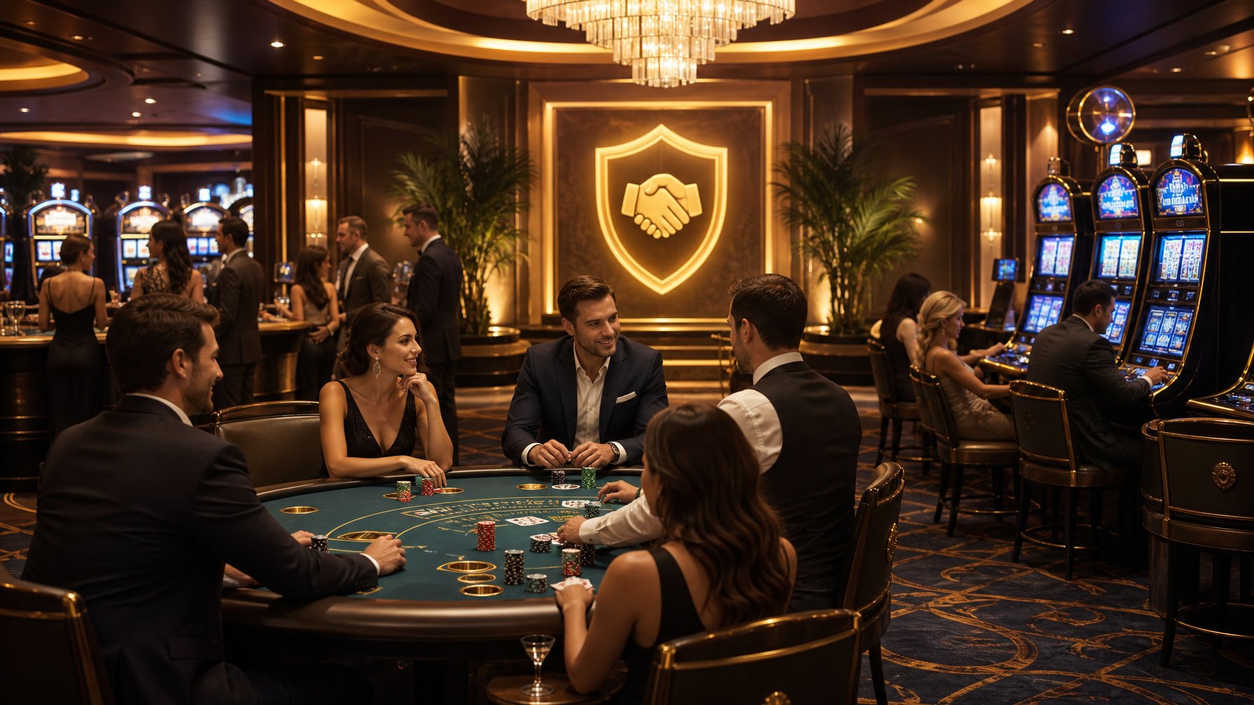 An Upscale Casino Interior With Gaming Tables, Slot Machines, And WellDressed People Playing Games In A Warm And Inviting Atmosphere.