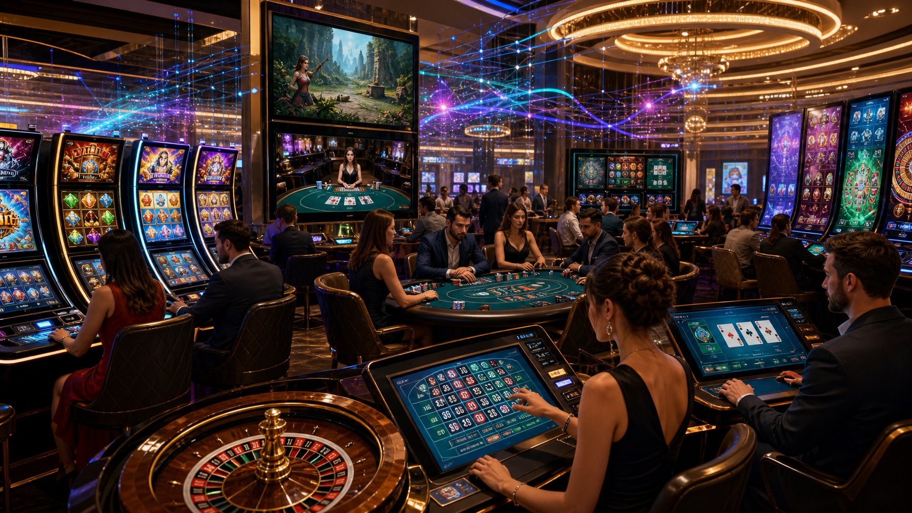 A Modern Casino Floor With Various Gaming Stations Including Slot Machines, Poker Tables, And Digital Card Games, Showing Players Engaged In Different Casino Games.