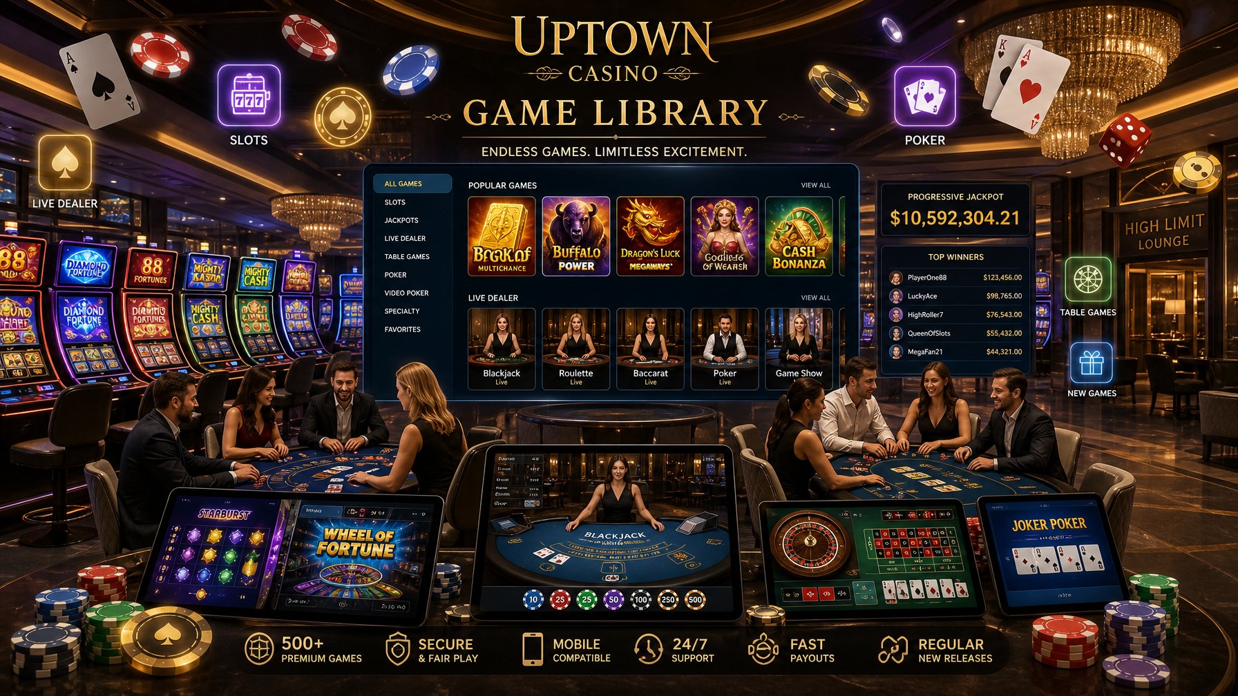 A Casino Interior Showing Slot Machines, Poker Tables, And Digital Game Displays With Players Engaged In Gaming.