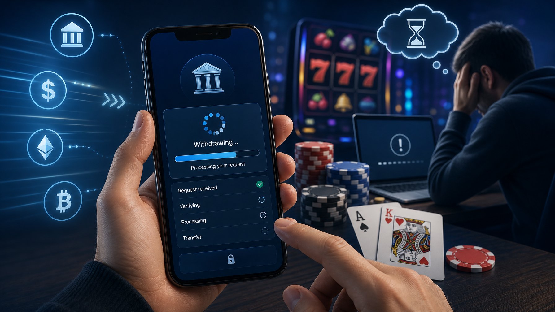 A Person Using A Smartphone With Digital Banking And Online Casino Icons Around, Showing The Process Of Withdrawing Money With Some Loading And Progress Indicators.