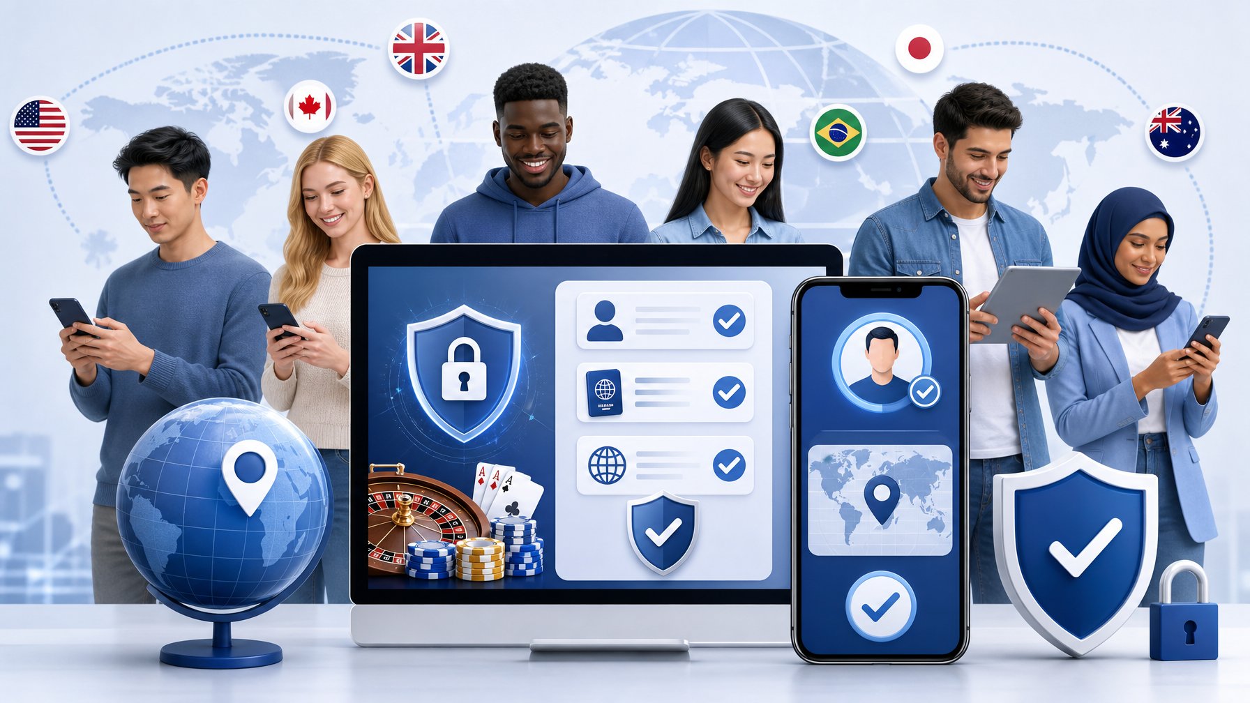 Illustration Showing People From Different Countries With A Digital Device Displaying Account Verification Steps And Security Icons.