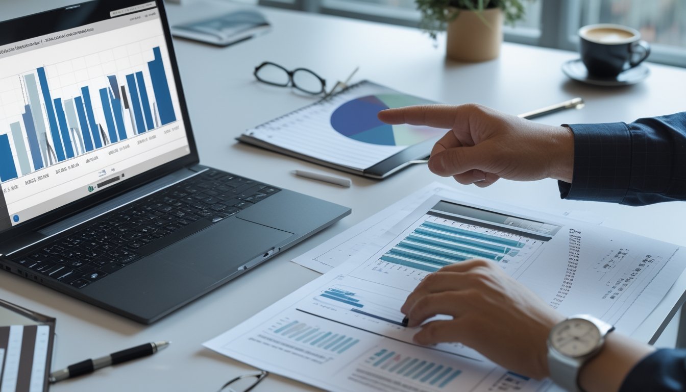 Sebuah meja kerja modern dengan laptop, tablet, dan smartphone yang menampilkan data dan grafik, serta tangan seseorang menunjuk layar laptop di lingkungan kantor yang terang dan rapi.