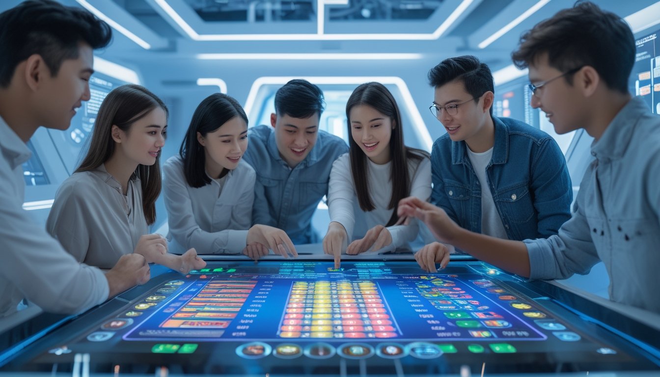 Sekelompok orang muda berkumpul di sekitar meja touchscreen modern yang menampilkan angka lotere dan grafik taruhan, terlihat fokus dan berdiskusi dalam suasana cerah dan futuristik.