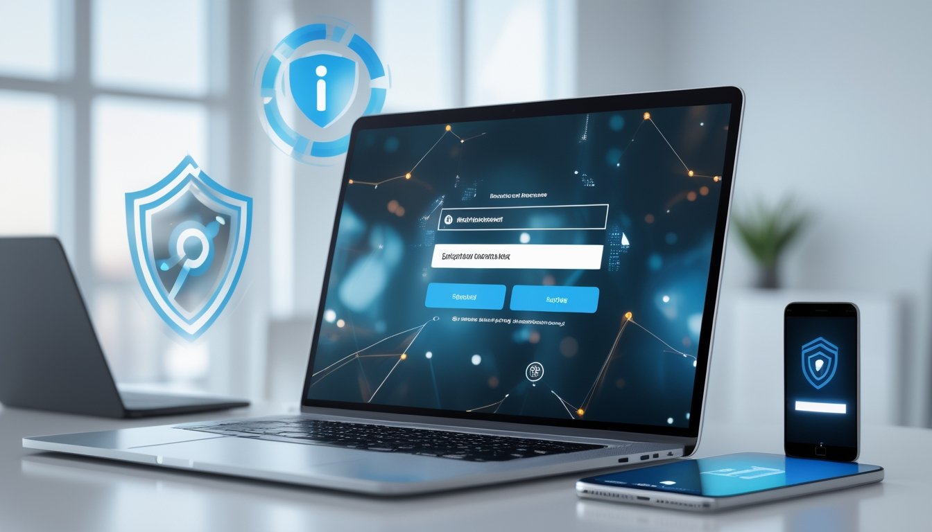 Seorang pengguna di depan laptop dan ponsel di ruang kerja modern dengan suasana terang, menampilkan konsep akses login aman dan bebas blokir internet.