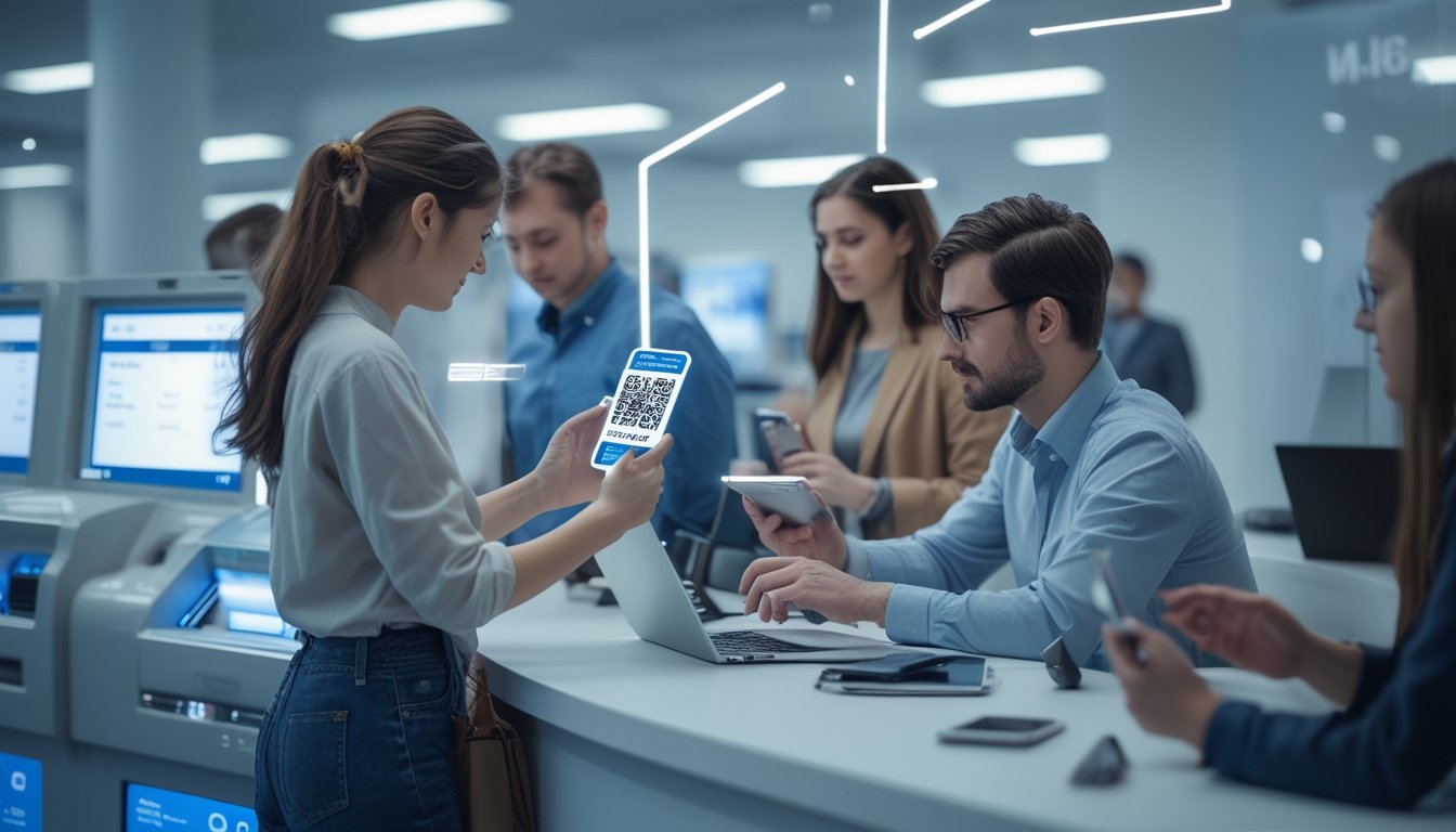Orang-orang menggunakan ponsel dan laptop untuk melakukan transaksi perbankan online dengan mudah tanpa antre.