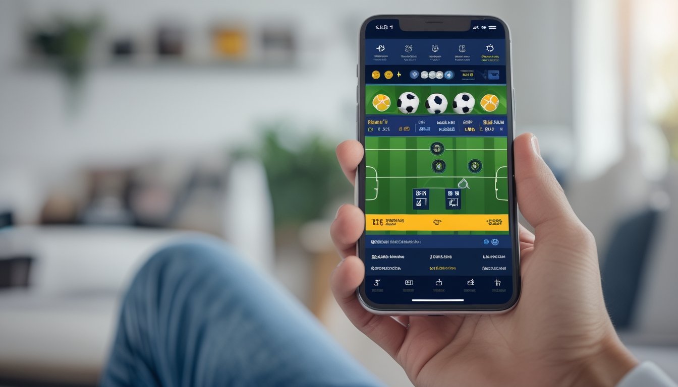 Seseorang memegang ponsel yang menampilkan aplikasi taruhan bola dengan antarmuka yang jelas dan berwarna-warni.