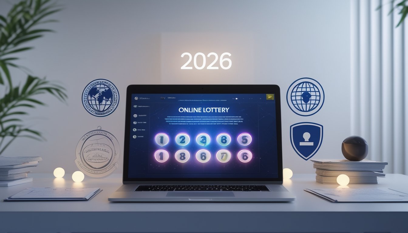 Sebuah ruang kerja modern dengan laptop yang menampilkan antarmuka lotere digital, dikelilingi oleh simbol keamanan dan lisensi internasional.