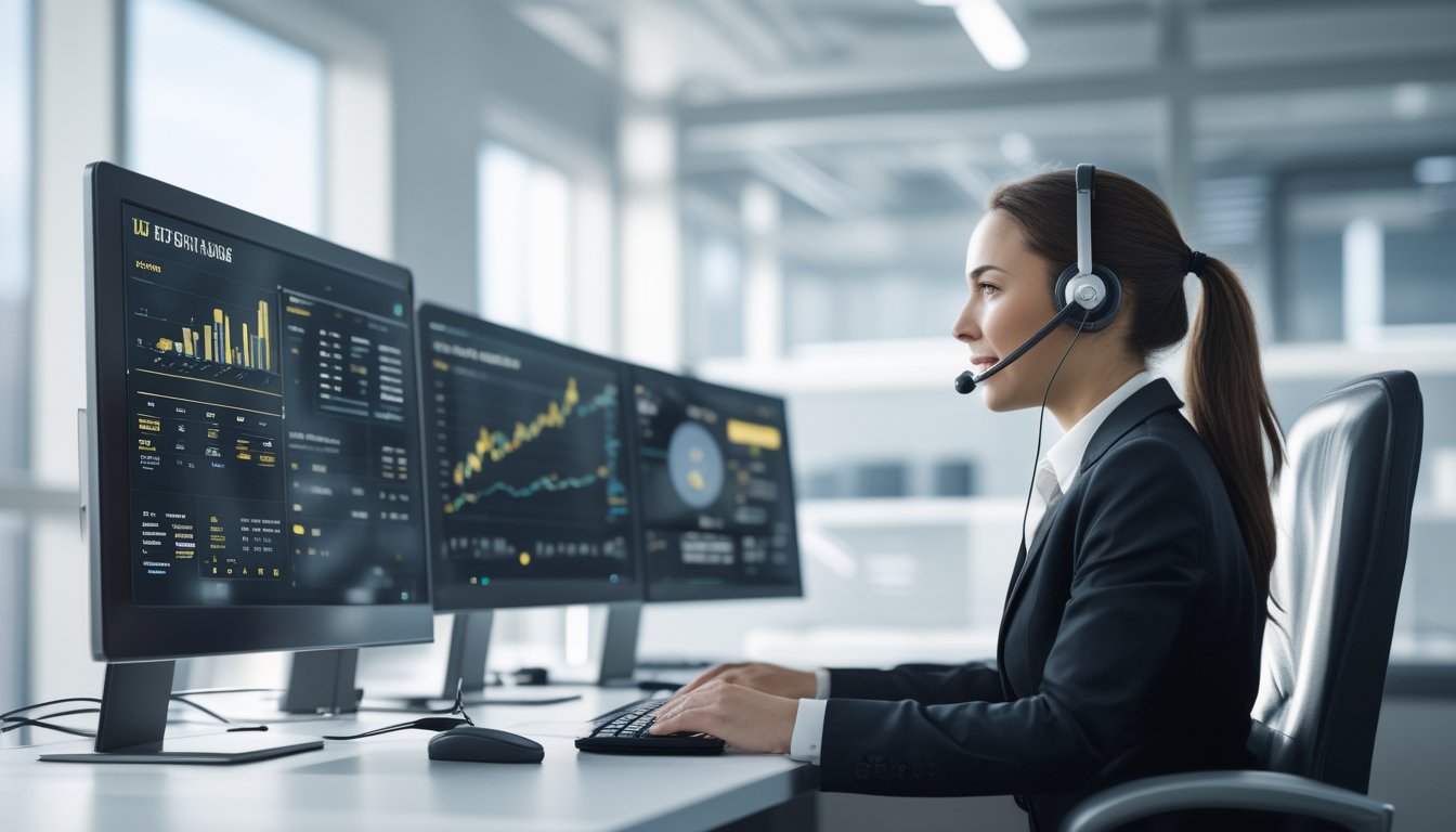 Seorang agen layanan pelanggan profesional sedang bekerja di depan komputer di kantor modern dengan layar yang menampilkan grafik dan data transaksi.