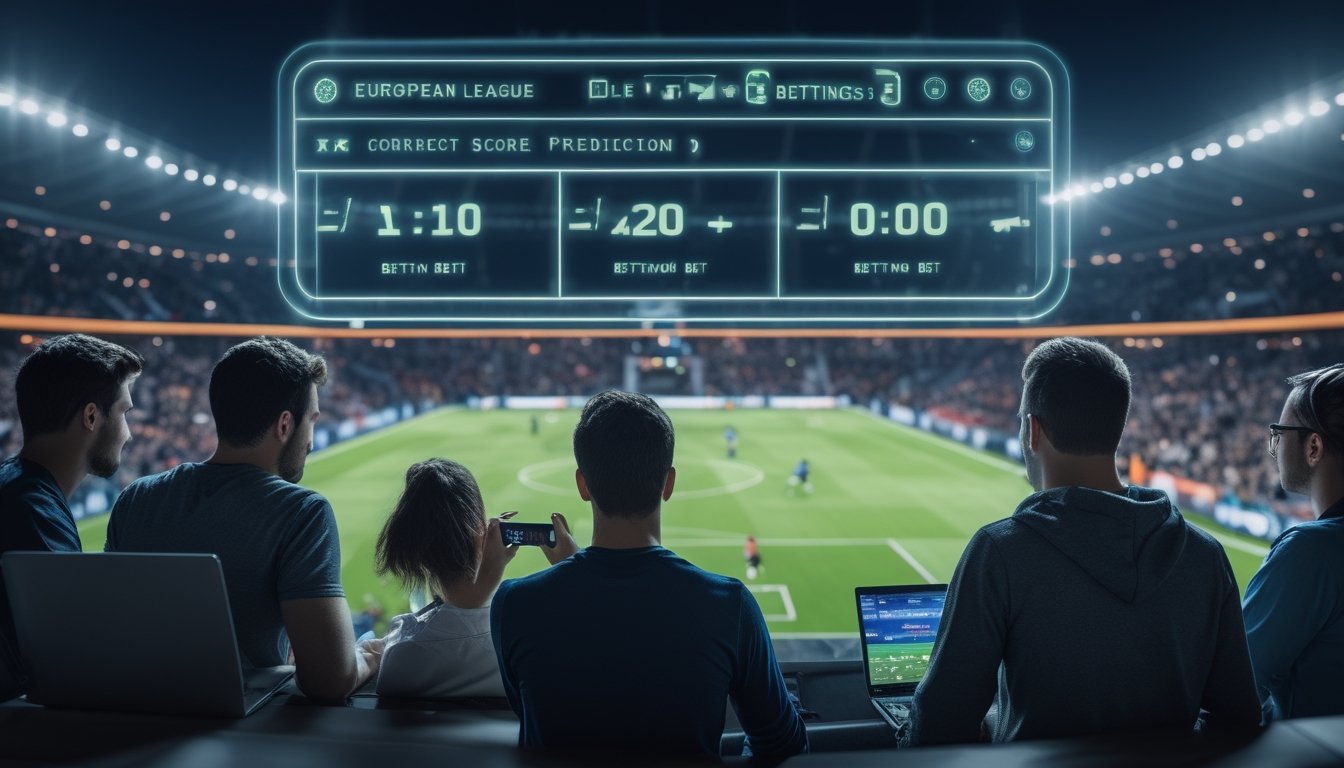 Sejumlah orang muda sedang menggunakan ponsel dan laptop di stadion sepak bola yang ramai saat pertandingan Liga Eropa berlangsung malam hari.