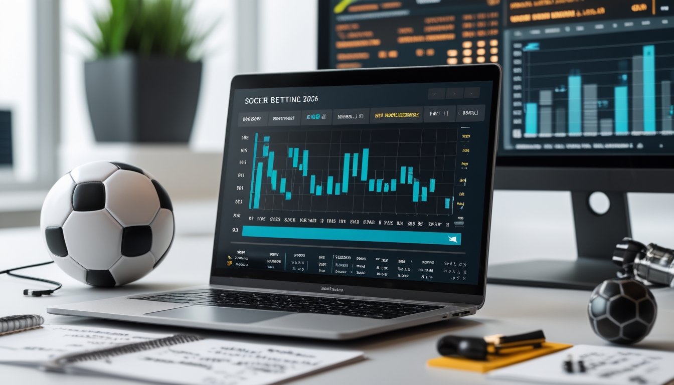 Seorang profesional sedang menganalisis data taruhan sepak bola dengan laptop dan alat terkait di meja kerja.