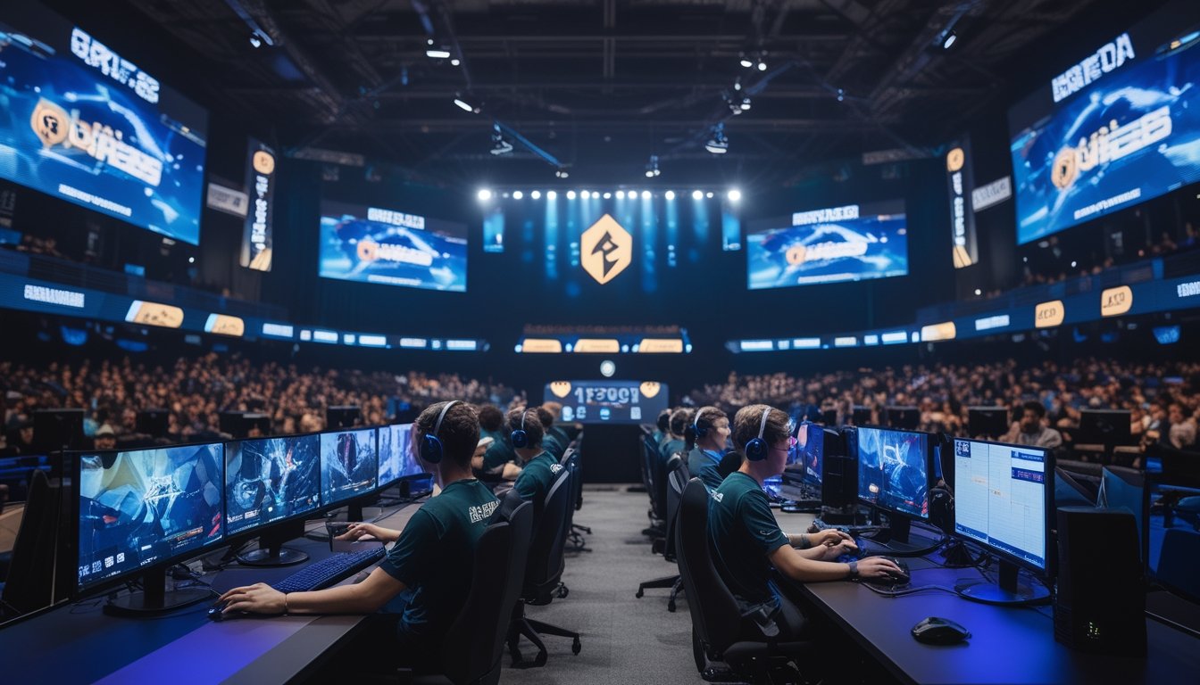 Suasana turnamen esports profesional dengan pemain fokus di depan komputer dan penonton antusias di arena besar.