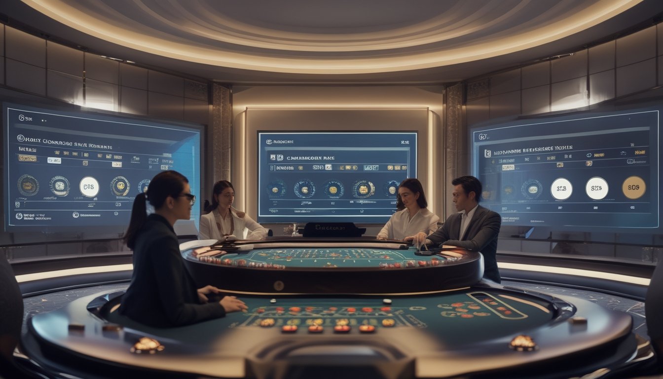 Beberapa pemain sedang bermain baccarat di meja kasino online modern dengan layar besar dan grafik data di ruangan yang terang dan elegan.