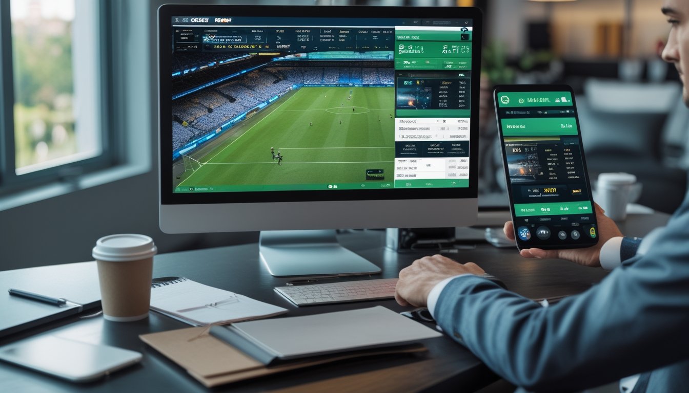 Seseorang sedang menganalisis pertandingan bola secara langsung menggunakan komputer dan perangkat digital di sebuah meja kerja.