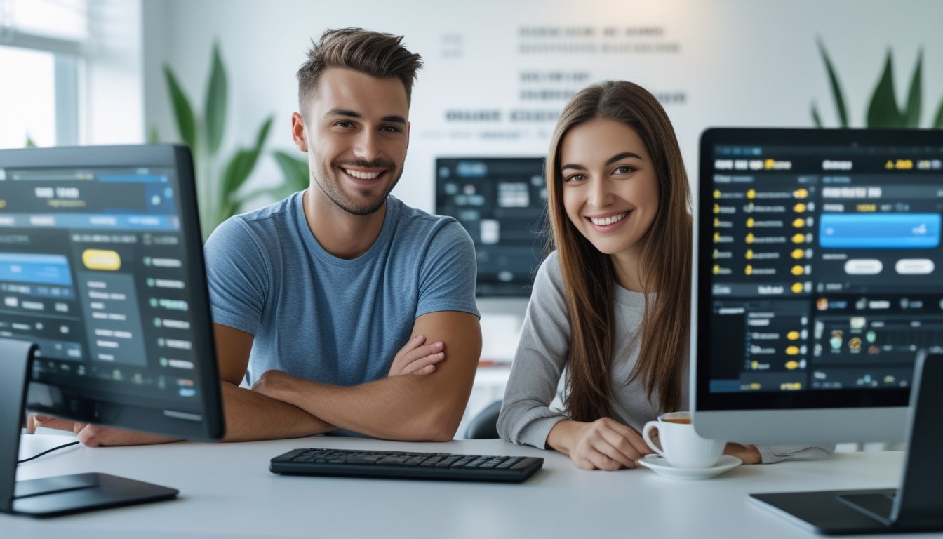 Dua orang muda duduk di meja dengan komputer dan smartphone, terlihat sedang berdiskusi di kantor modern yang terang.