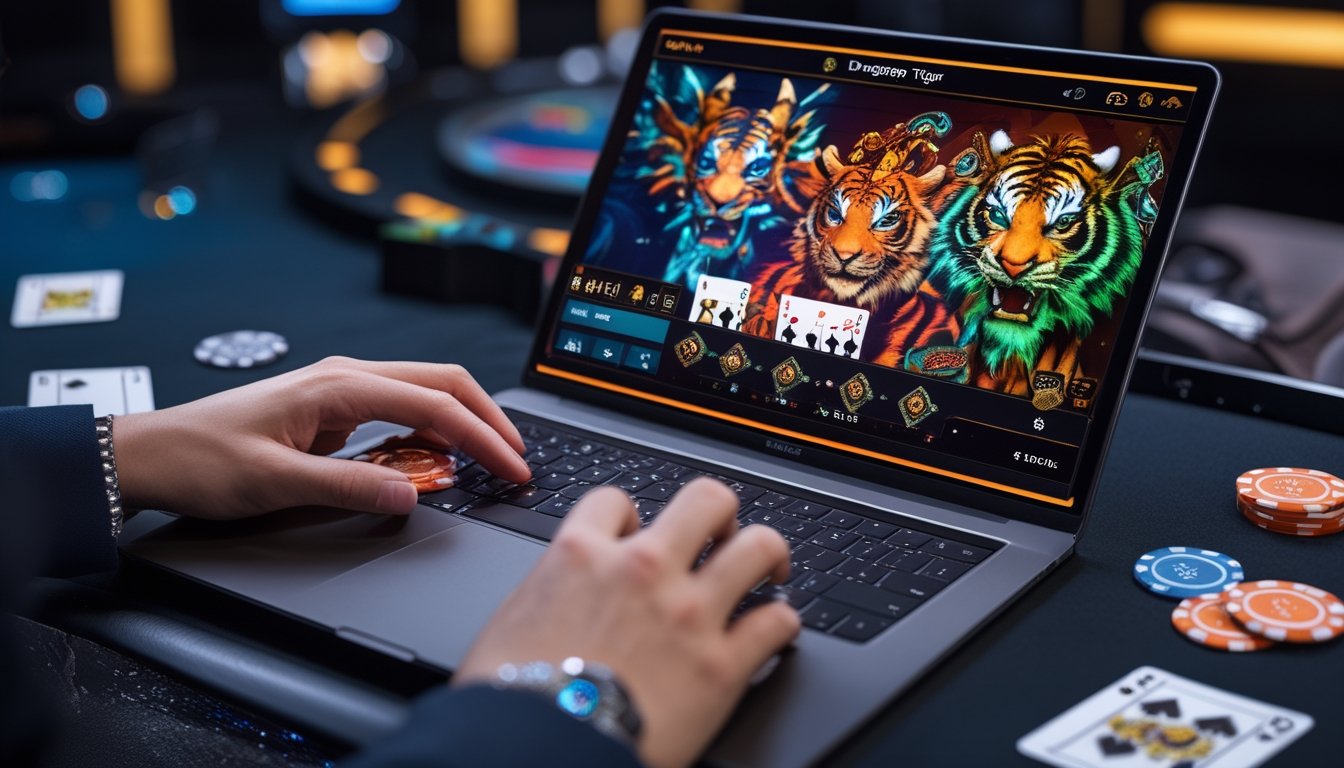 Seorang pemain sedang bertaruh dalam permainan kartu Dragon Tiger di kasino online dengan perangkat digital dan chip kecil di meja permainan.