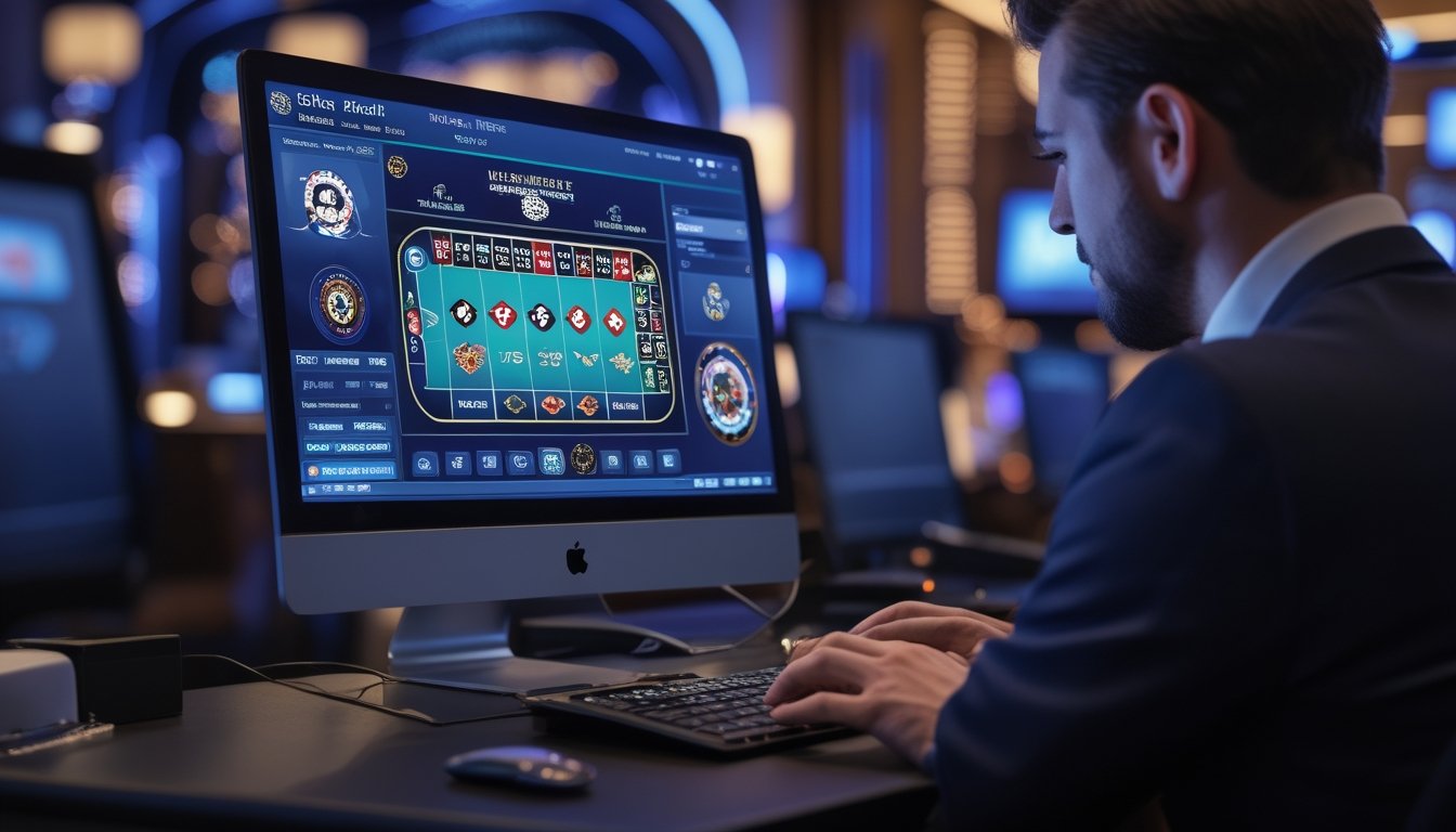 Seorang pemain fokus menggunakan komputer untuk bermain roulette Eropa secara online di lingkungan kasino modern.