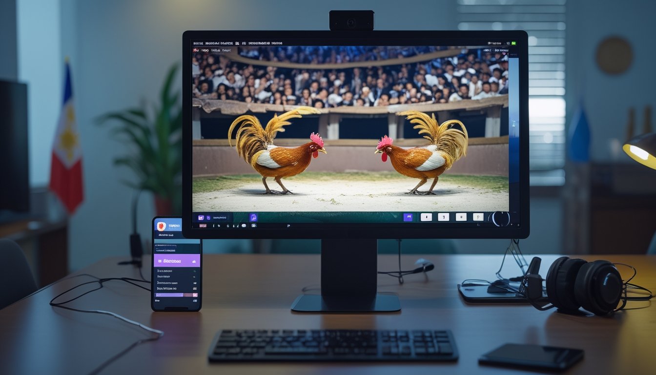 Seorang pria menonton pertandingan sabung ayam secara online di komputer dengan layar besar di ruang kerja yang terang dan modern.