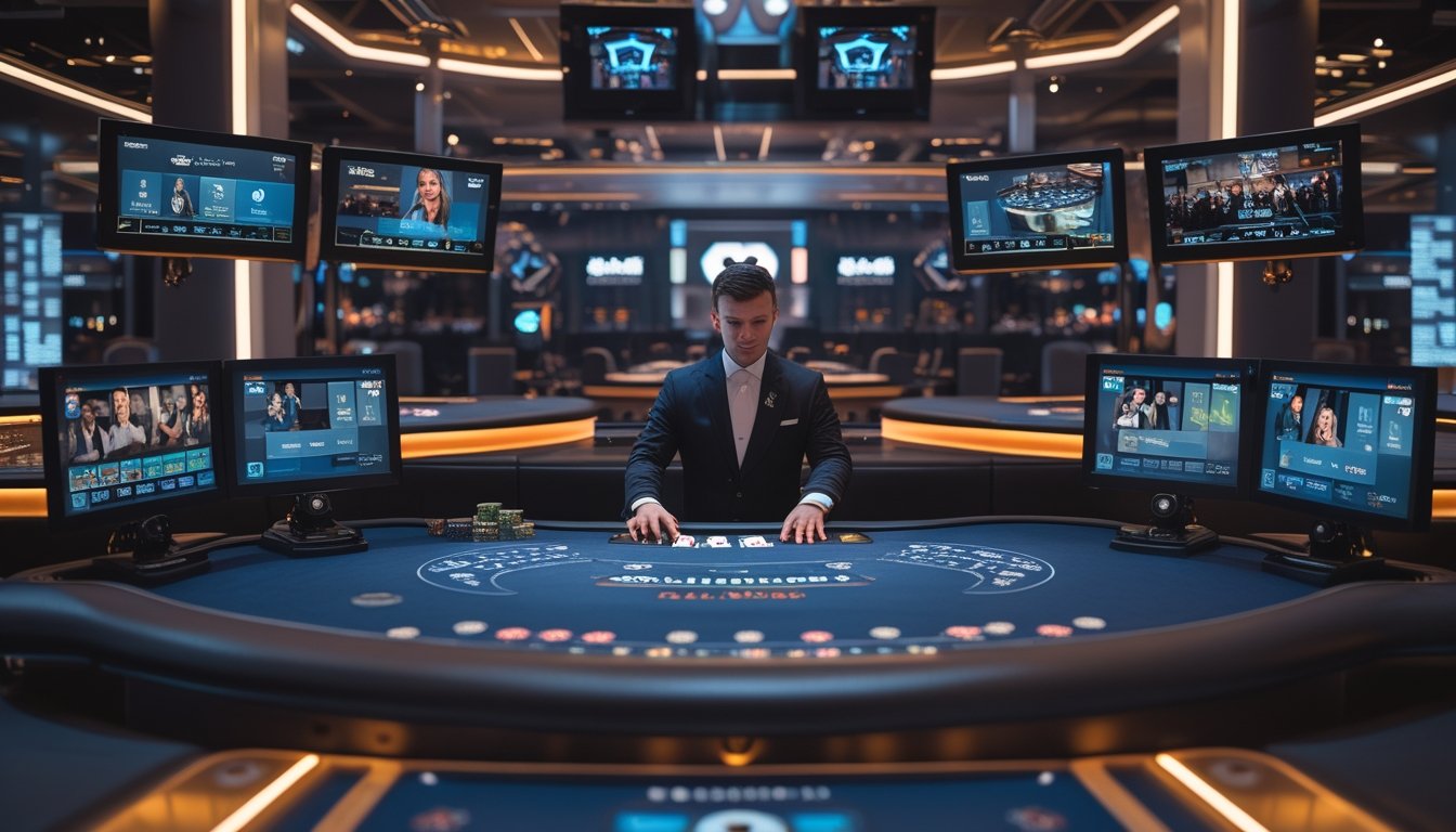 Meja blackjack dengan beberapa kamera di sekitarnya, dealer membagikan kartu, dan pemain bermain melalui perangkat digital dalam suasana kasino modern.