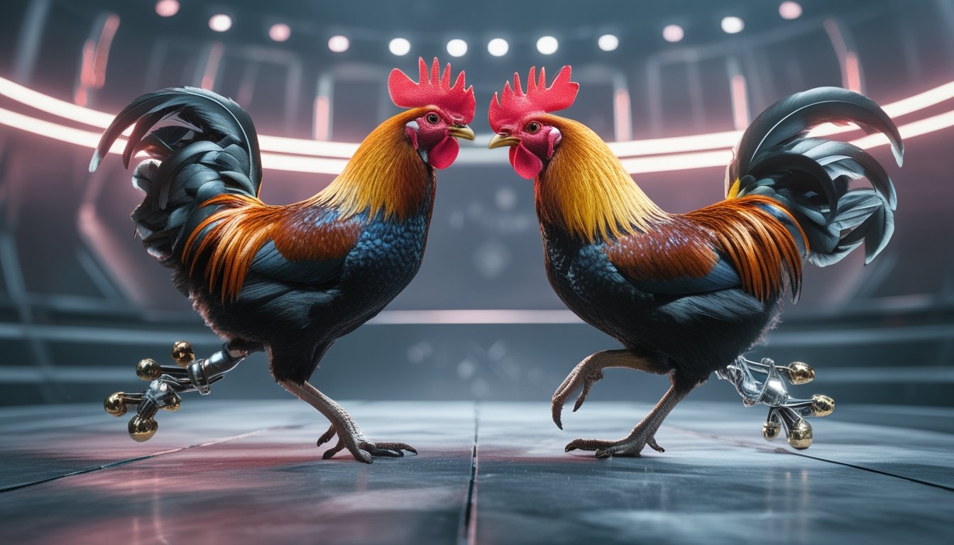 Dua ayam jago sedang bertarung dengan taji tajam di arena digital modern.