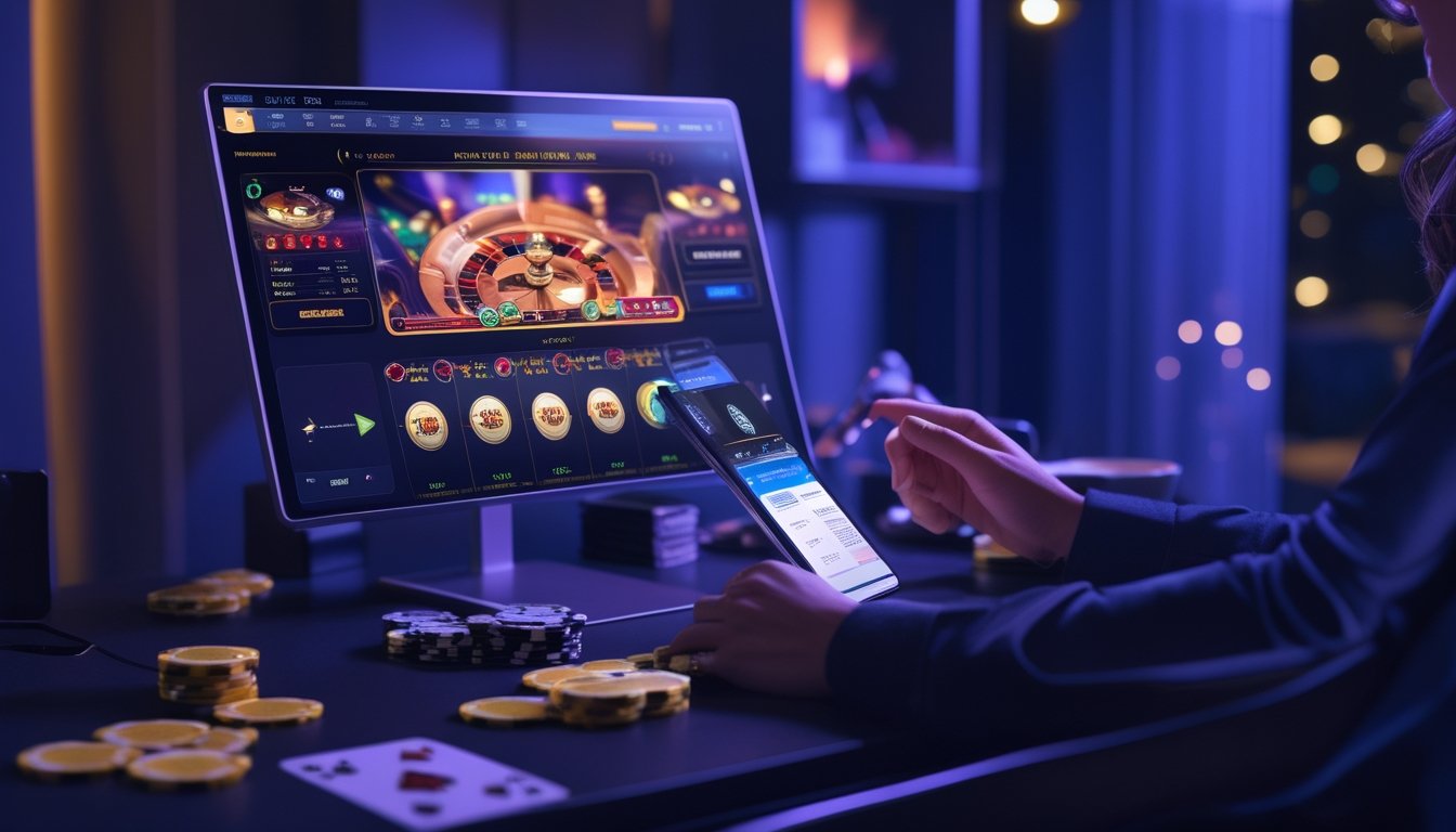 Seorang pemain menggunakan komputer dan perangkat digital untuk bermain kasino online malam hari dengan suasana fokus dan teratur.