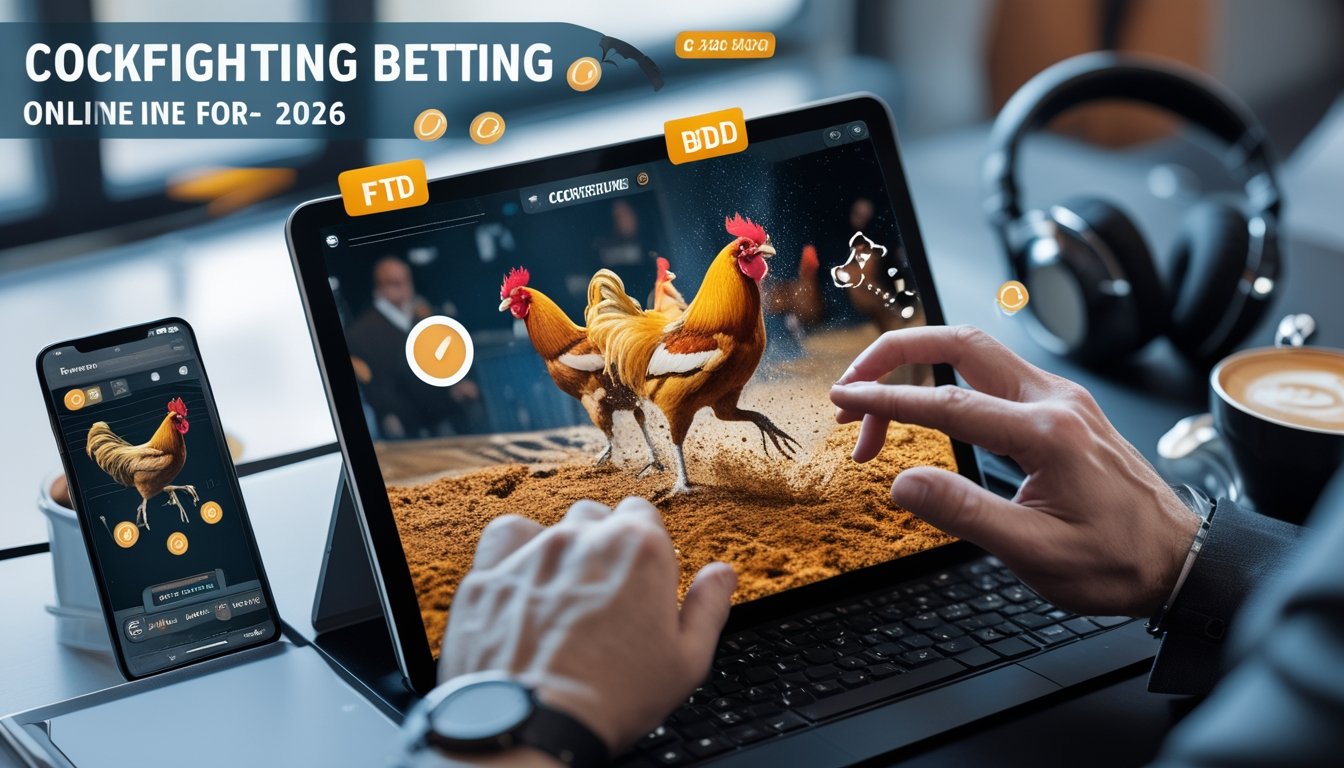 Seorang pengguna sedang melihat layar perangkat digital yang menampilkan pertarungan ayam jago secara online dengan berbagai pilihan taruhan yang ditandai menggunakan ikon.