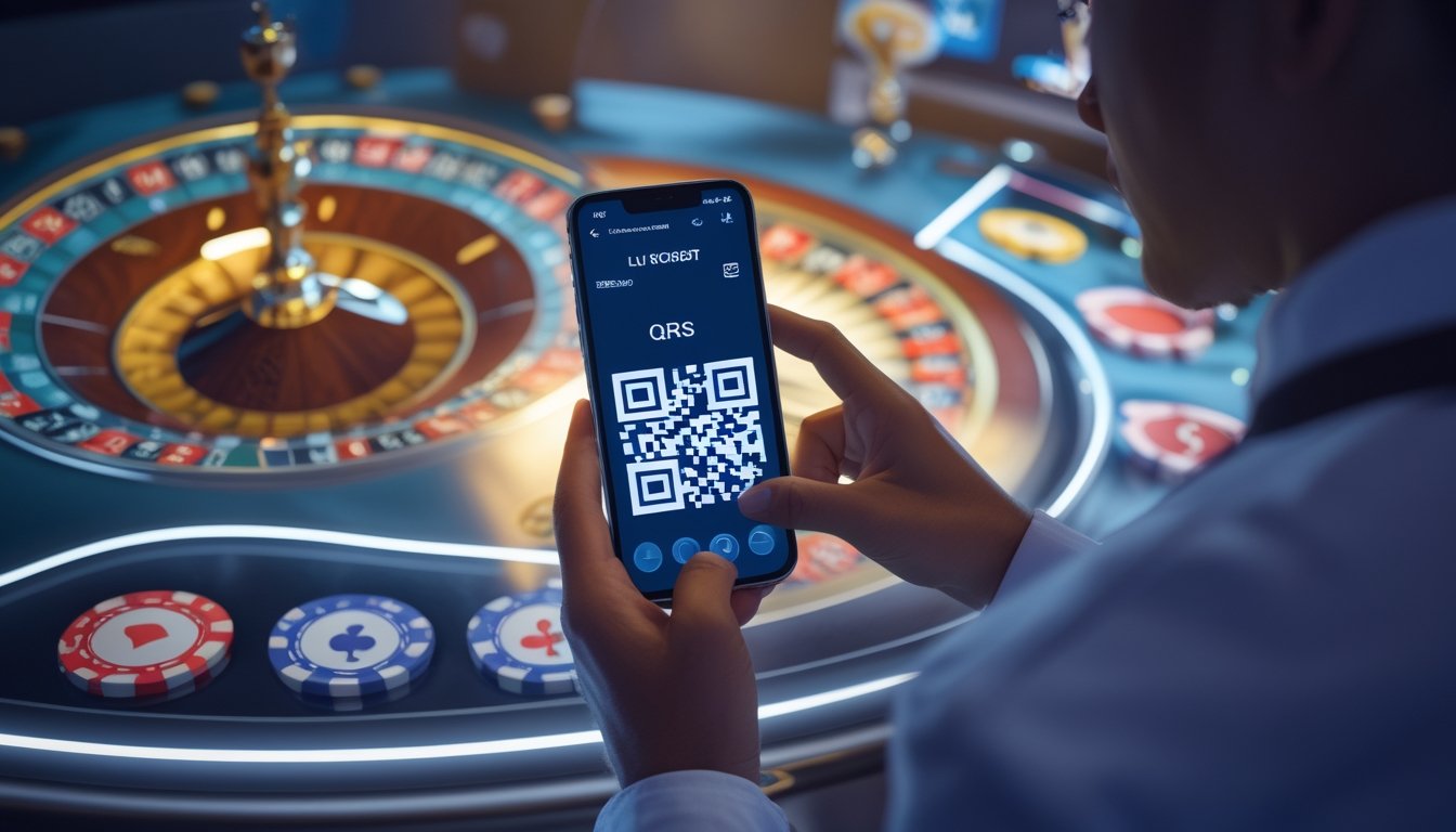 Seseorang menggunakan ponsel untuk melakukan pembayaran cepat dengan QRIS di depan layar permainan kasino online langsung.