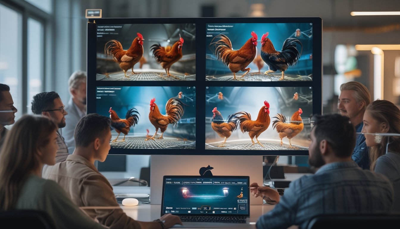 Orang-orang menonton empat pertandingan sabung ayam secara bersamaan di layar komputer di ruangan modern.