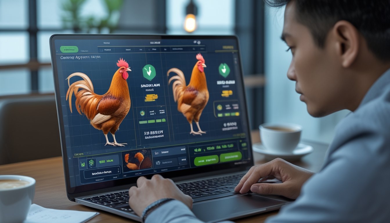 Seseorang sedang melihat data pertandingan sabung ayam online di layar laptop dengan fokus dan serius.