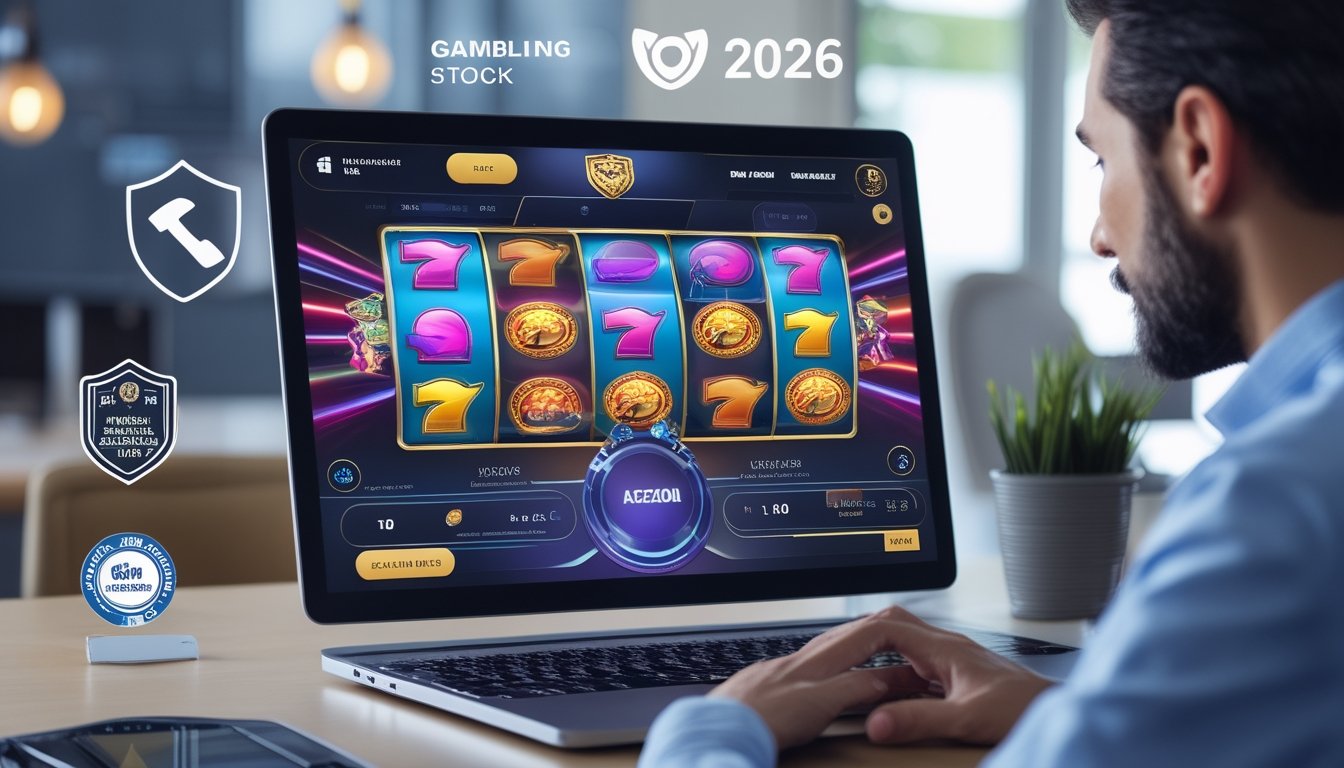 Seorang dewasa menggunakan komputer dengan tampilan permainan slot online yang berwarna-warni, di lingkungan kerja yang bersih dan terang dengan simbol keamanan dan lisensi internasional di latar belakang.