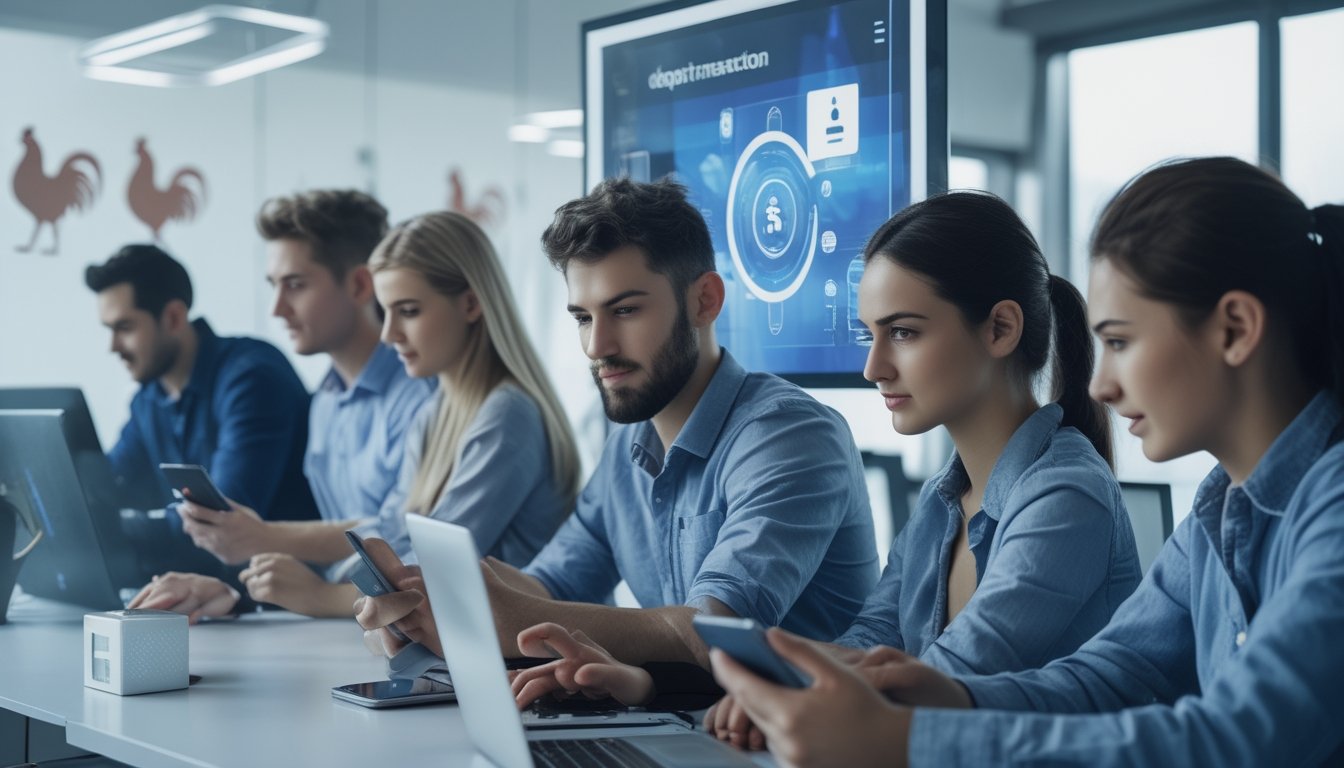 Sekelompok orang muda menggunakan perangkat digital di kantor modern, menunjukkan proses transaksi keuangan online yang cepat dan terpercaya.