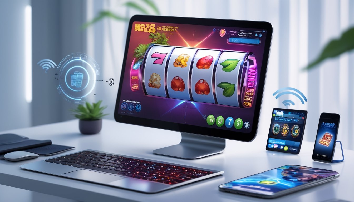 Seorang pengguna sedang bermain permainan slot online di komputer dengan layar menampilkan grafik permainan yang berwarna-warni.