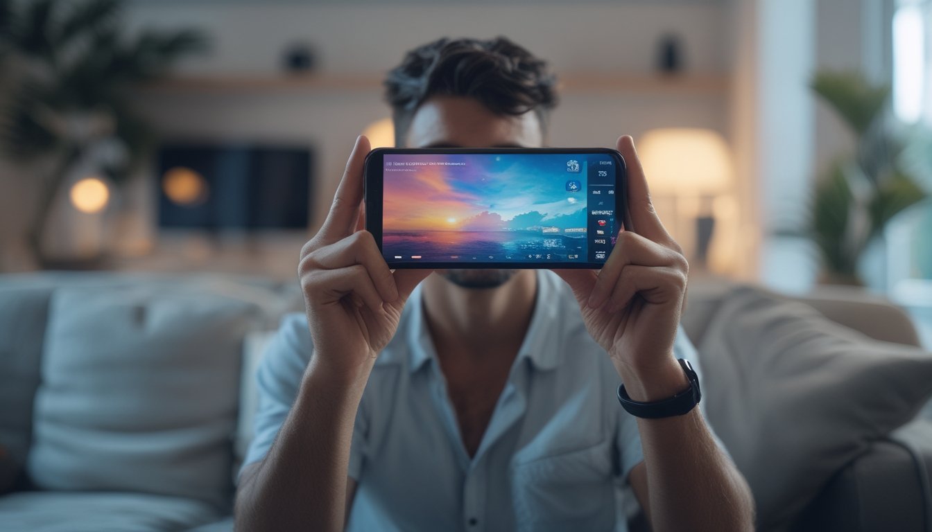 Seorang pria muda menonton siaran langsung di ponsel Android di ruang tamu yang nyaman.