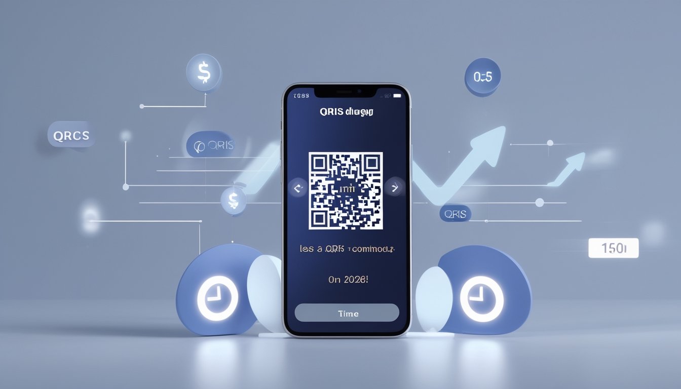Seseorang memegang ponsel yang menampilkan kode QR untuk pembayaran digital dengan latar belakang minimalis dan elemen digital yang menunjukkan proses cepat.